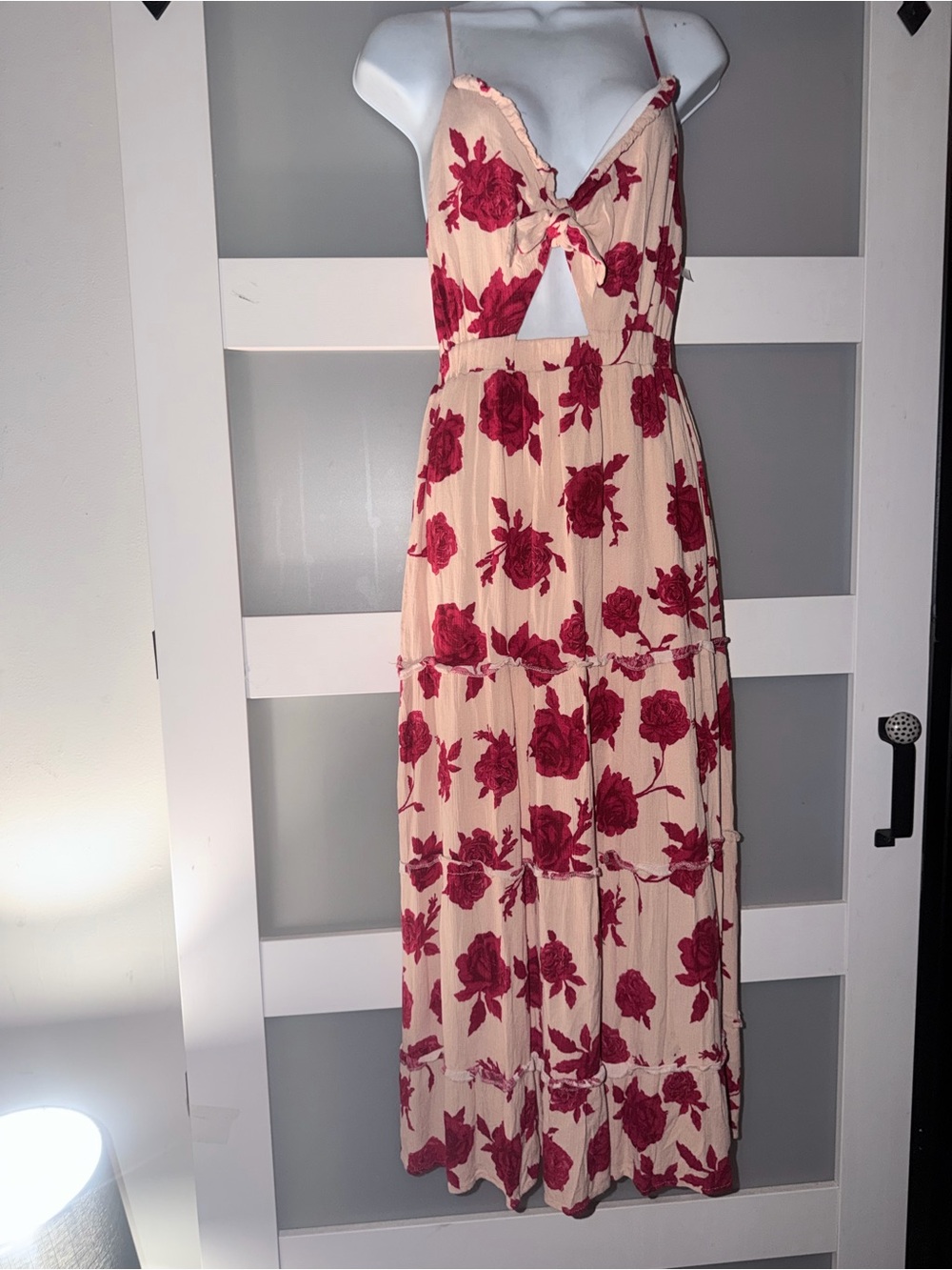 Cream Maxi Dress with Red Floral Print and Front Tie